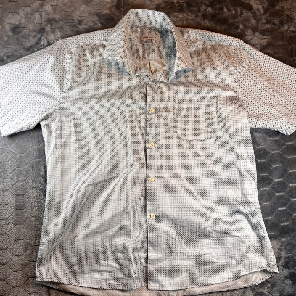 Peter Millar Mens Large Short Sleeve Button Up Shirt Geometric Print White Blue - Picture 5 of 8